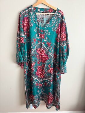 J. Peterman Boho Floral Kaftan Style Tunic Dress Blue Pink XXL resort teal